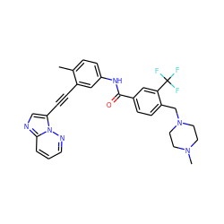 Cc1ccc(NC(=O)c2ccc(CN3CCN(C)CC3)c(C(F)(F)F)c2)cc1C#Cc1cnc2cccnn12 ZINC000095585128