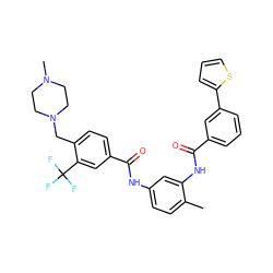 Cc1ccc(NC(=O)c2ccc(CN3CCN(C)CC3)c(C(F)(F)F)c2)cc1NC(=O)c1cccc(-c2cccs2)c1 ZINC001772631538