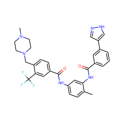 Cc1ccc(NC(=O)c2ccc(CN3CCN(C)CC3)c(C(F)(F)F)c2)cc1NC(=O)c1cccc(-c2cn[nH]c2)c1 ZINC001772621197