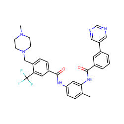 Cc1ccc(NC(=O)c2ccc(CN3CCN(C)CC3)c(C(F)(F)F)c2)cc1NC(=O)c1cccc(-c2cncnc2)c1 ZINC001772620027