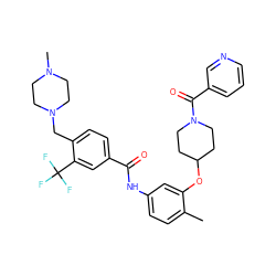 Cc1ccc(NC(=O)c2ccc(CN3CCN(C)CC3)c(C(F)(F)F)c2)cc1OC1CCN(C(=O)c2cccnc2)CC1 ZINC000584905160