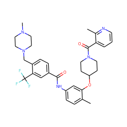 Cc1ccc(NC(=O)c2ccc(CN3CCN(C)CC3)c(C(F)(F)F)c2)cc1OC1CCN(C(=O)c2cccnc2C)CC1 ZINC001772640258