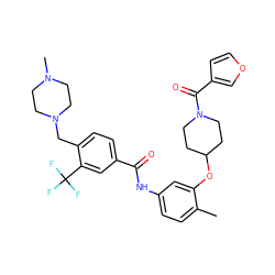 Cc1ccc(NC(=O)c2ccc(CN3CCN(C)CC3)c(C(F)(F)F)c2)cc1OC1CCN(C(=O)c2ccoc2)CC1 ZINC001772620444