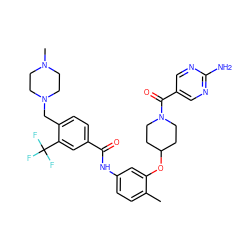 Cc1ccc(NC(=O)c2ccc(CN3CCN(C)CC3)c(C(F)(F)F)c2)cc1OC1CCN(C(=O)c2cnc(N)nc2)CC1 ZINC001772641329