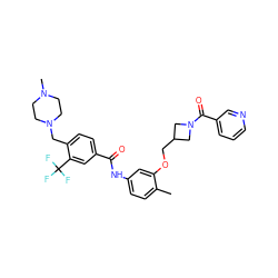 Cc1ccc(NC(=O)c2ccc(CN3CCN(C)CC3)c(C(F)(F)F)c2)cc1OCC1CN(C(=O)c2cccnc2)C1 ZINC001772603295