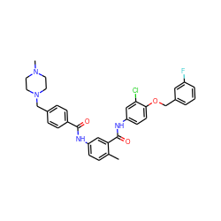 Cc1ccc(NC(=O)c2ccc(CN3CCN(C)CC3)cc2)cc1C(=O)Nc1ccc(OCc2cccc(F)c2)c(Cl)c1 ZINC000096928320