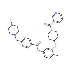 Cc1ccc(NC(=O)c2ccc(CN3CCN(C)CC3)cc2)cc1OC1CCN(C(=O)c2cccnc2)CC1 ZINC001772595775