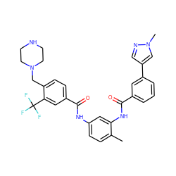 Cc1ccc(NC(=O)c2ccc(CN3CCNCC3)c(C(F)(F)F)c2)cc1NC(=O)c1cccc(-c2cnn(C)c2)c1 ZINC001772627014