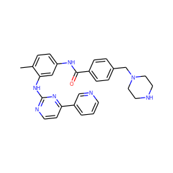 Cc1ccc(NC(=O)c2ccc(CN3CCNCC3)cc2)cc1Nc1nccc(-c2cccnc2)n1 ZINC000021981222