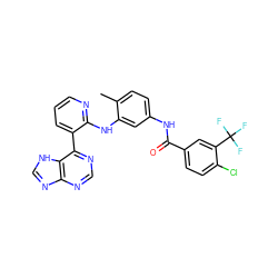 Cc1ccc(NC(=O)c2ccc(Cl)c(C(F)(F)F)c2)cc1Nc1ncccc1-c1ncnc2nc[nH]c12 ZINC000215335816