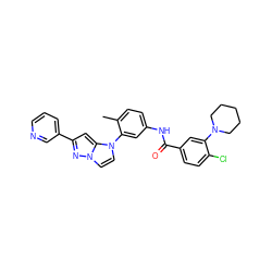 Cc1ccc(NC(=O)c2ccc(Cl)c(N3CCCCC3)c2)cc1-n1ccn2nc(-c3cccnc3)cc12 ZINC000224224436