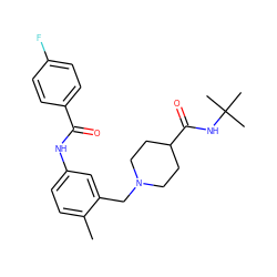 Cc1ccc(NC(=O)c2ccc(F)cc2)cc1CN1CCC(C(=O)NC(C)(C)C)CC1 ZINC001772632369