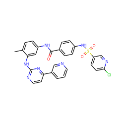 Cc1ccc(NC(=O)c2ccc(NS(=O)(=O)c3ccc(Cl)nc3)cc2)cc1Nc1nccc(-c2cccnc2)n1 ZINC000141258429