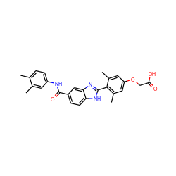 Cc1ccc(NC(=O)c2ccc3[nH]c(-c4c(C)cc(OCC(=O)O)cc4C)nc3c2)cc1C ZINC000084729250