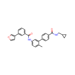 Cc1ccc(NC(=O)c2cccc(-c3ccoc3)c2)cc1-c1ccc(C(=O)NCC2CC2)cc1 ZINC000040916341