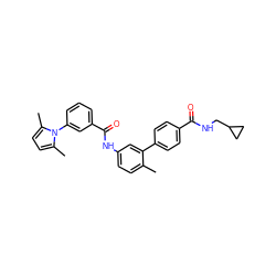 Cc1ccc(NC(=O)c2cccc(-n3c(C)ccc3C)c2)cc1-c1ccc(C(=O)NCC2CC2)cc1 ZINC000040408756