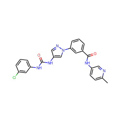 Cc1ccc(NC(=O)c2cccc(-n3cc(NC(=O)Nc4cccc(Cl)c4)cn3)c2)cn1 ZINC000299823508