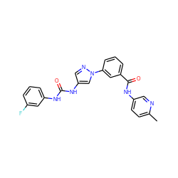 Cc1ccc(NC(=O)c2cccc(-n3cc(NC(=O)Nc4cccc(F)c4)cn3)c2)cn1 ZINC000299828922