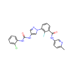 Cc1ccc(NC(=O)c2cccc(-n3cc(NC(=O)Nc4ccccc4Cl)cn3)c2F)cn1 ZINC000299828058