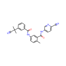 Cc1ccc(NC(=O)c2cccc(C(C)(C)C#N)c2)cc1C(=O)Nc1ccc(C#N)nc1 ZINC000040937165