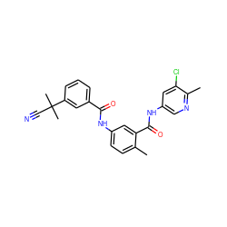 Cc1ccc(NC(=O)c2cccc(C(C)(C)C#N)c2)cc1C(=O)Nc1cnc(C)c(Cl)c1 ZINC000095589666