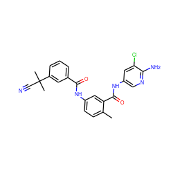 Cc1ccc(NC(=O)c2cccc(C(C)(C)C#N)c2)cc1C(=O)Nc1cnc(N)c(Cl)c1 ZINC000038226430