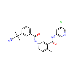 Cc1ccc(NC(=O)c2cccc(C(C)(C)C#N)c2)cc1C(=O)Nc1cncc(Cl)c1 ZINC000040404887