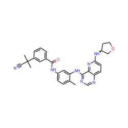 Cc1ccc(NC(=O)c2cccc(C(C)(C)C#N)c2)cc1Nc1ncnc2ccc(N[C@H]3CCOC3)nc12 ZINC000068245929