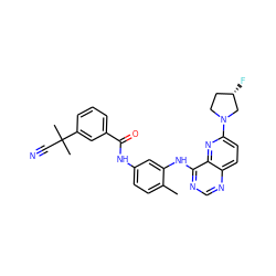 Cc1ccc(NC(=O)c2cccc(C(C)(C)C#N)c2)cc1Nc1ncnc2ccc(N3CC[C@H](F)C3)nc12 ZINC000145869470