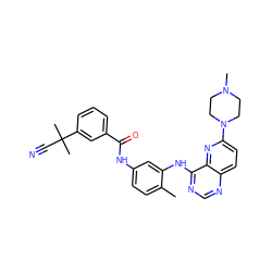Cc1ccc(NC(=O)c2cccc(C(C)(C)C#N)c2)cc1Nc1ncnc2ccc(N3CCN(C)CC3)nc12 ZINC000068245932