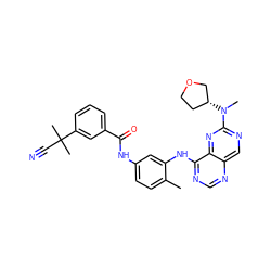 Cc1ccc(NC(=O)c2cccc(C(C)(C)C#N)c2)cc1Nc1ncnc2cnc(N(C)[C@@H]3CCOC3)nc12 ZINC000166181063