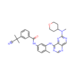 Cc1ccc(NC(=O)c2cccc(C(C)(C)C#N)c2)cc1Nc1ncnc2cnc(N(C)C3CCOCC3)nc12 ZINC000166155495
