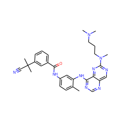 Cc1ccc(NC(=O)c2cccc(C(C)(C)C#N)c2)cc1Nc1ncnc2cnc(N(C)CCCN(C)C)nc12 ZINC000147167278
