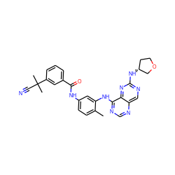 Cc1ccc(NC(=O)c2cccc(C(C)(C)C#N)c2)cc1Nc1ncnc2cnc(N[C@@H]3CCOC3)nc12 ZINC000147164255