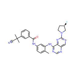 Cc1ccc(NC(=O)c2cccc(C(C)(C)C#N)c2)cc1Nc1ncnc2cnc(N3CC[C@@H](F)C3)nc12 ZINC000166181737
