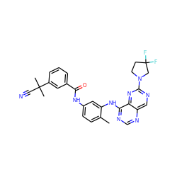 Cc1ccc(NC(=O)c2cccc(C(C)(C)C#N)c2)cc1Nc1ncnc2cnc(N3CCC(F)(F)C3)nc12 ZINC000147164643