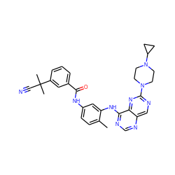 Cc1ccc(NC(=O)c2cccc(C(C)(C)C#N)c2)cc1Nc1ncnc2cnc(N3CCN(C4CC4)CC3)nc12 ZINC000147167527