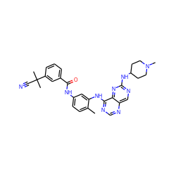 Cc1ccc(NC(=O)c2cccc(C(C)(C)C#N)c2)cc1Nc1ncnc2cnc(NC3CCN(C)CC3)nc12 ZINC000166155083
