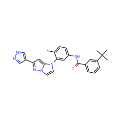 Cc1ccc(NC(=O)c2cccc(C(C)(C)C)c2)cc1-n1ccn2nc(-c3cn[nH]c3)cc12 ZINC001772636031