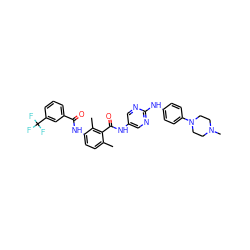 Cc1ccc(NC(=O)c2cccc(C(F)(F)F)c2)c(C)c1C(=O)Nc1cnc(Nc2ccc(N3CCN(C)CC3)cc2)nc1 ZINC000053275019