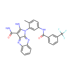 Cc1ccc(NC(=O)c2cccc(C(F)(F)F)c2)cc1-n1c(N)c(C(N)=O)c2nc3ccccc3nc21 ZINC000299831458