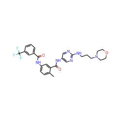 Cc1ccc(NC(=O)c2cccc(C(F)(F)F)c2)cc1C(=O)Nc1cnc(NCCCN2CCOCC2)nc1 ZINC000029135550