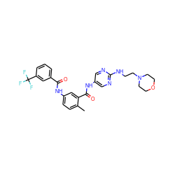 Cc1ccc(NC(=O)c2cccc(C(F)(F)F)c2)cc1C(=O)Nc1cnc(NCCN2CCOCC2)nc1 ZINC000029135477