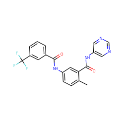 Cc1ccc(NC(=O)c2cccc(C(F)(F)F)c2)cc1C(=O)Nc1cncnc1 ZINC000029135548