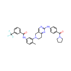 Cc1ccc(NC(=O)c2cccc(C(F)(F)F)c2)cc1N1CCc2nc(Nc3ccc(C(=O)N4CCCC4)cc3)ncc2C1 ZINC000146938443