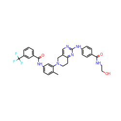 Cc1ccc(NC(=O)c2cccc(C(F)(F)F)c2)cc1N1CCc2nc(Nc3ccc(C(=O)NCCO)cc3)ncc2C1 ZINC000146169845