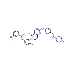 Cc1ccc(NC(=O)c2cccc(C(F)(F)F)c2)cc1N1CCc2nc(Nc3ccc(CC(=O)N4CCN(C)CC4)cc3)ncc2C1=O ZINC000207315790