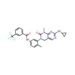 Cc1ccc(NC(=O)c2cccc(C(F)(F)F)c2)cc1N1Cc2cnc(NC3CC3)nc2N(C)C1=O ZINC000038310869