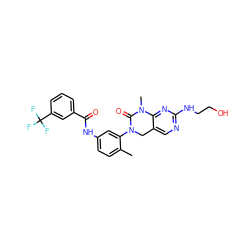 Cc1ccc(NC(=O)c2cccc(C(F)(F)F)c2)cc1N1Cc2cnc(NCCO)nc2N(C)C1=O ZINC000038348625