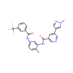 Cc1ccc(NC(=O)c2cccc(C(F)(F)F)c2)cc1NC(=O)c1cncc(-c2cnn(C)c2)c1 ZINC000595235717